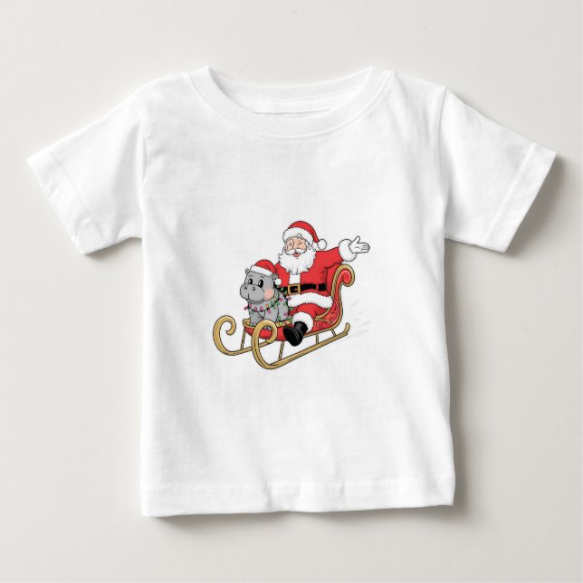 Santa Riding Sleigh med Moo Deng Baby Hippo T Shirt (Framsida)