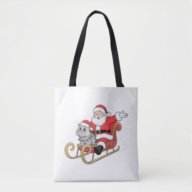 Santa Riding Sleigh med Moo Deng Baby Hippo Tygkasse (Framsida)