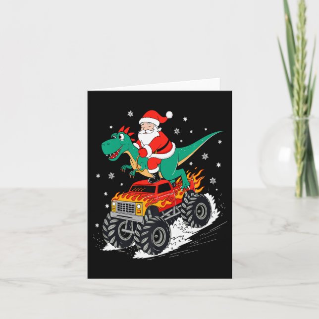 Santa Riding T Rex Dinosaur Monster Lastbil Boy Ch Kort (Framsida)