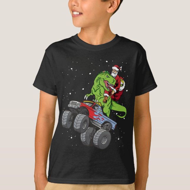 Santa Riding T Rex Dinosaur Monster Lastbil Boy Ch Shirt (Framsida)