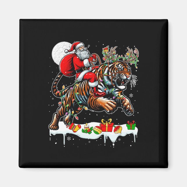 Santa Riding Tiger Reindeer Julafton Vild Animal L Magnet (Framsidan)