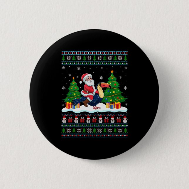 Santa Riding Toucans Tree Lights Ugly Christmas Sw Knapp (Framsida)