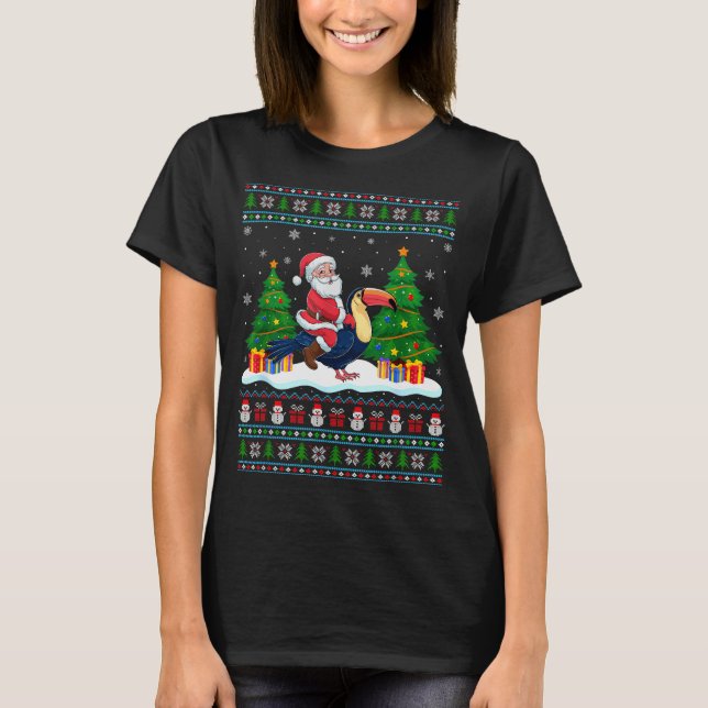 Santa Riding Toucans Tree Lights Ugly Christmas Sw T Shirt (Framsida)