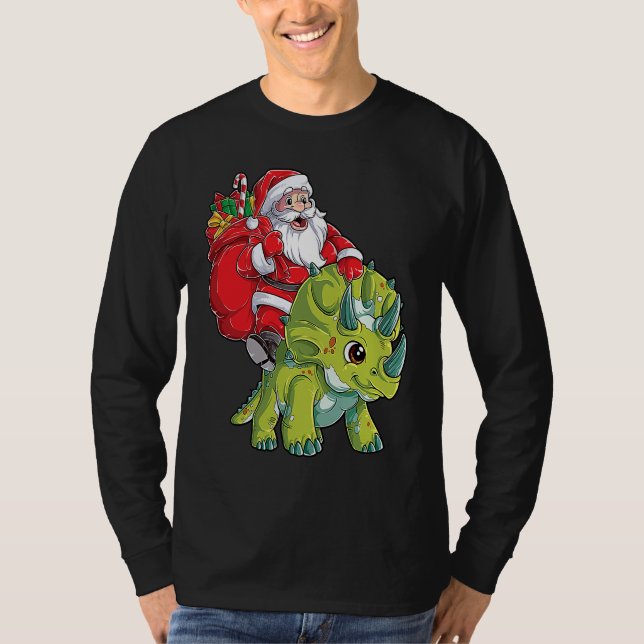 Santa Riding Triceratops Dinosaur Christmas Boys K T Shirt (Framsida)