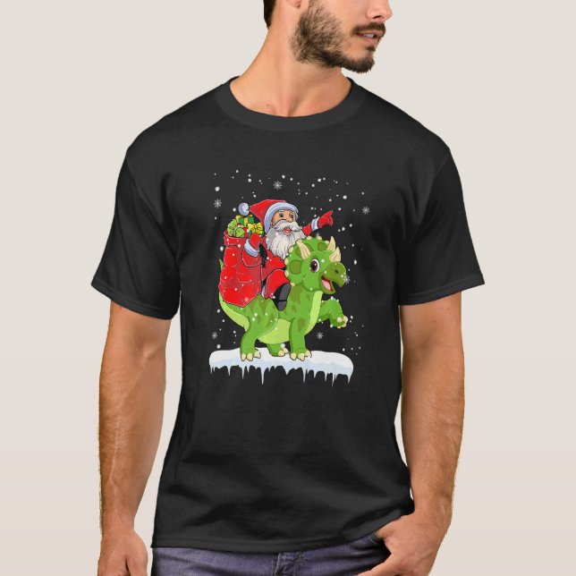 Santa Riding Triceratops Dinosaur Christmas Boys X T Shirt (Framsida)