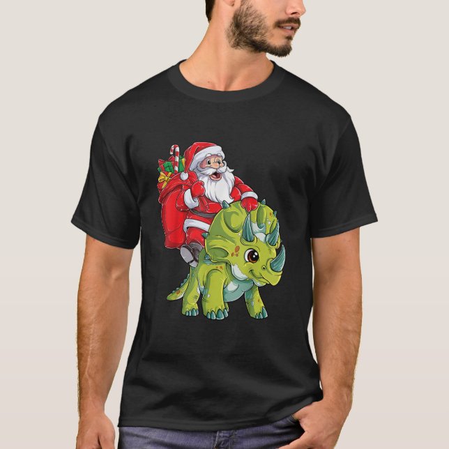 Santa Riding Triceratops Dinosaur jul Boys X T Shirt (Framsida)