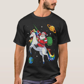 Santa Riding Unicorn Christmas Gifts Rainbow Space T Shirt