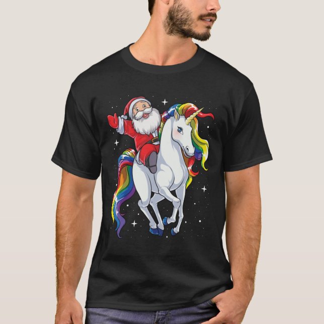 Santa Riding Unicorn Christmas Gifts Rainbow Space T Shirt (Framsida)
