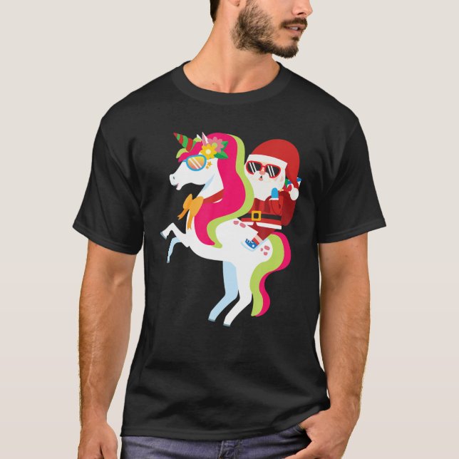 Santa Riding Unicorn Funny Cute Winter Girl T Shirt (Framsida)