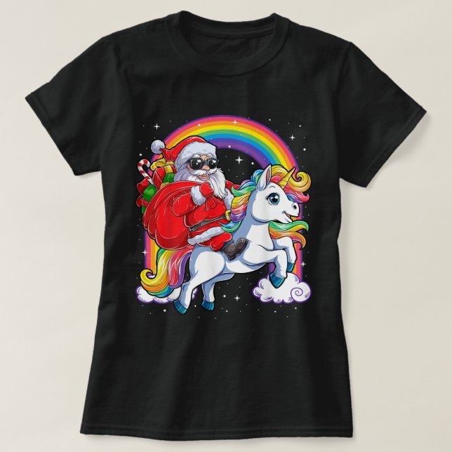 Santa Riding Unicorn Julafton Girls Women Ra T Shirt (Design framsida)
