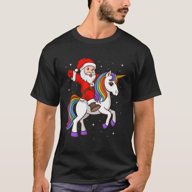 Santa Riding Unicorn Mystical Animal Julafton Magi T Shirt (Framsida)