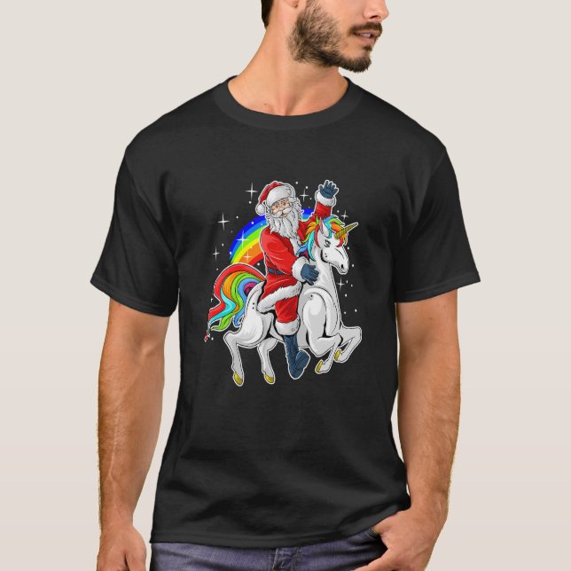Santa Riding Unicorn Rainbow jul T Shirt (Framsida)