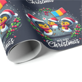 Santa Robins håller den rumänska flaggan julsång Presentpapper