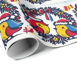 Santa Robins håller den rumänska flaggans krans Presentpapper