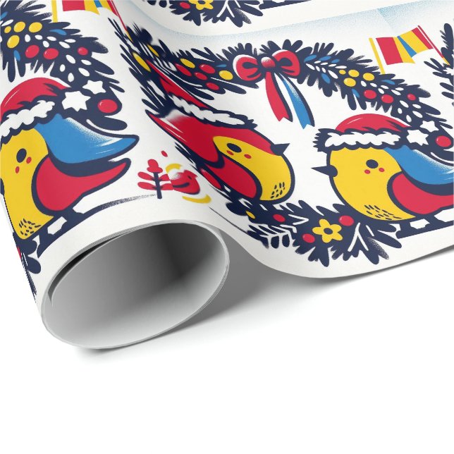 Santa Robins som håller den rumänska Flagga frisk Presentpapper (Rullad Hörn)