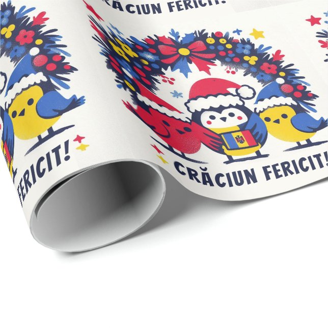 Santa Robins som håller den rumänska Flagga frisk Presentpapper (Rullad Hörn)