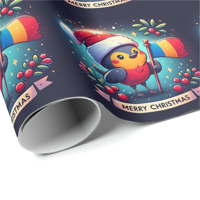 Santa Robins som innehar den rumänska Flagga Presentpapper (Rullad Hörn)