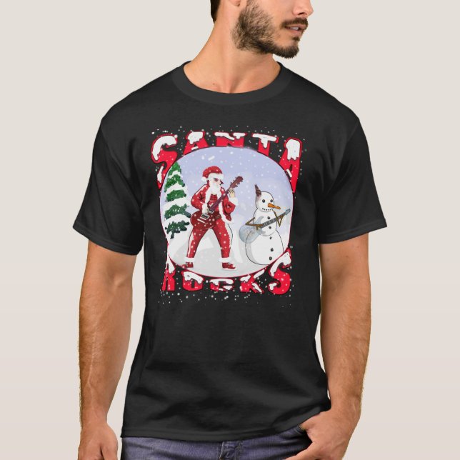 Santa Rocks Playing Guitar With Snowman T Shirt (Framsida)