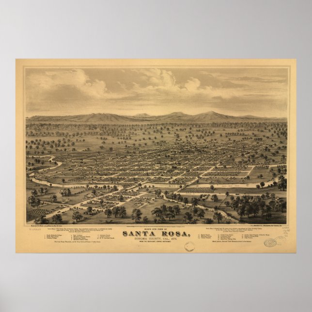 Santa Rosa California 1876 Panoramic Karta Poster (Framsidan)