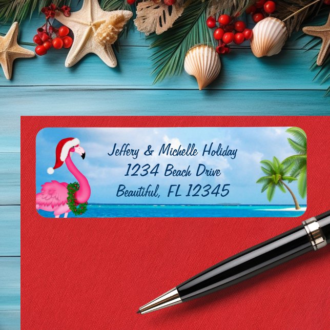 Santa Rosa Flamingo jul Beach Adress Returadress Etikett (Santa Pink Flamingo Christmas Beach Address Label)