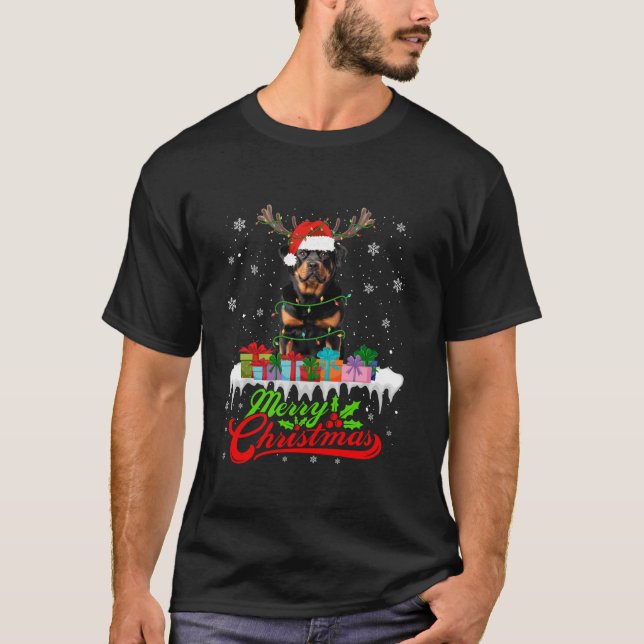 Santa Rottweiler Hund jul Pajamas Julafton Ljus T Shirt (Framsida)