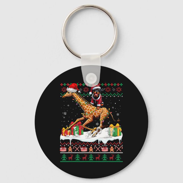 Santa Rottweiler Riding Giraffe jul Sweater Nyckelring (Framsida)