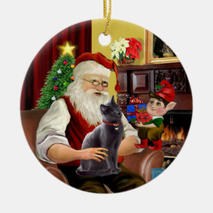 Santa - rysk blå katt julgransprydnad keramik