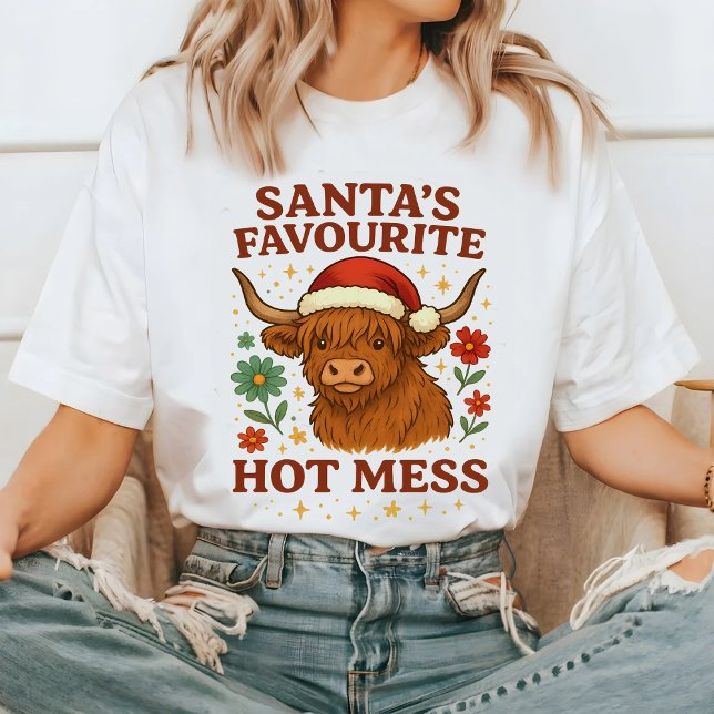 Santa’s Favourite Hot Mess Highland Cow Christmas, T Shirt (Skapare uppladdad)