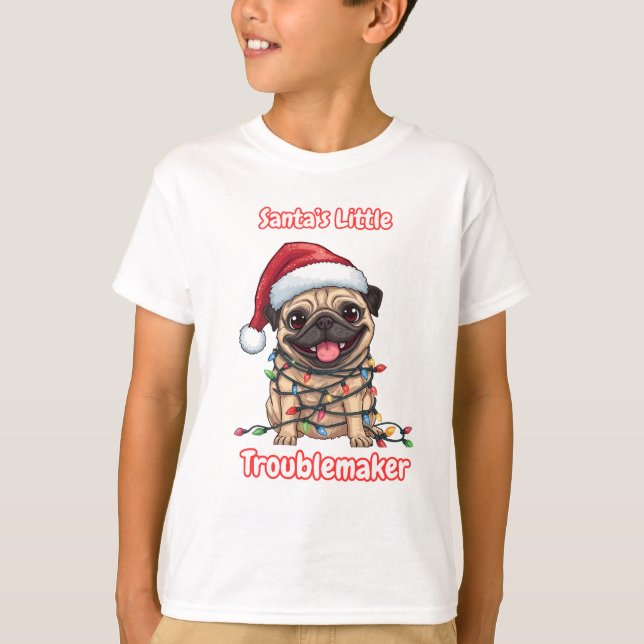 Santa’s Little Troublemaker – Funny Christmas Pug  T Shirt (Framsida)