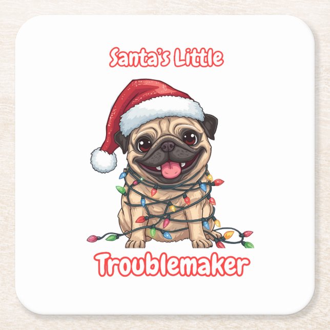 Santa’s Little Troublemaker – Funny Christmas Pug  Underlägg Papper Kvadrat (Framsidan)