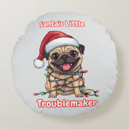 Santa’s Little Troublemaker Pug Round Pillow Rund Kudde