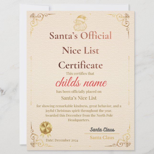 Santa’s Nice List Certificate   Brevhuvud (Framsida)