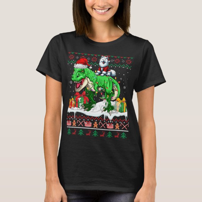Santa Samoyed Riding T-rex-julsötare Älskare T Shirt (Framsida)