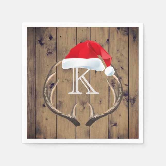 Santa Santa Hat Reindeer Antlers Monogram Pappersservett (Framsidan)