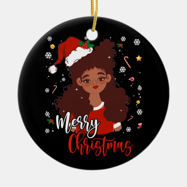 Santa Santa Hat Shirt Black African Julgransprydnad Keramik (Framsidan)