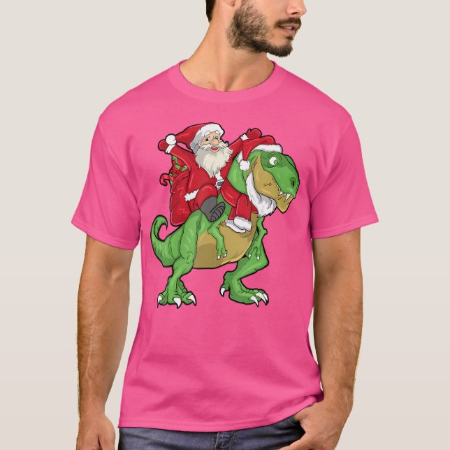 Santa Santa Riding T-Rex Dinosaur Kids T Shirt (Framsida)