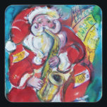 SANTA & SAX, CHRISTMAS PARTY FYRKANTIGT KLISTERMÄRKE<br><div class="desc">Färgfull, vit, roligt Jultomten spelar saxofon med musik noter i pulverrött, gult, blått, vitt färg med blommigt i guld med gnistor inuti.</div>