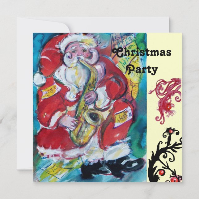 SANTA & SAX, JULFIRANDE Guld Metallisk Inbjudningar (Framsida)