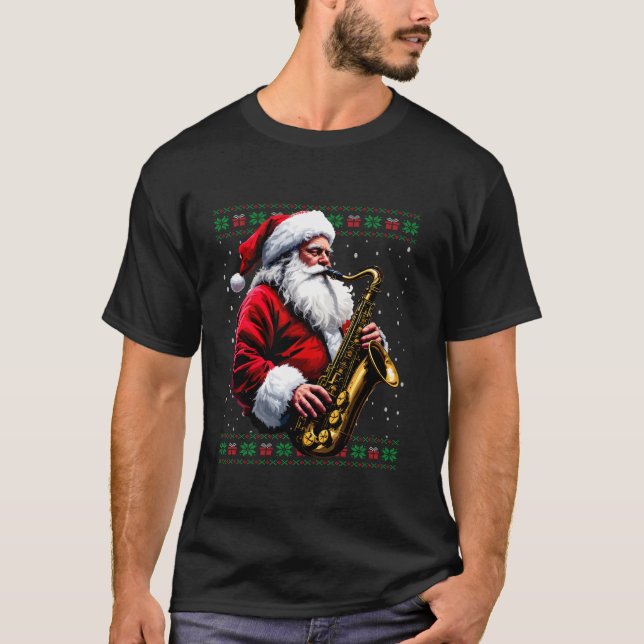 Santa Saxophone saxophonist Ugly jul Sweater T Shirt (Framsida)
