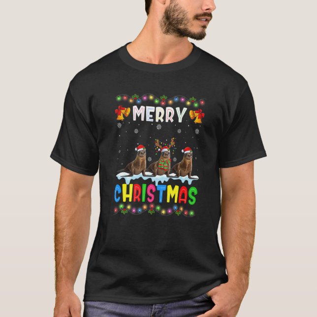 Santa Sea lion Animals Merry Christmas Pajama T Shirt (Framsida)
