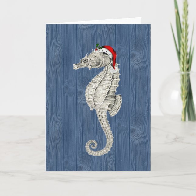 Santa Seahorse Blue Wood-julkort Helgkort (Framsida)