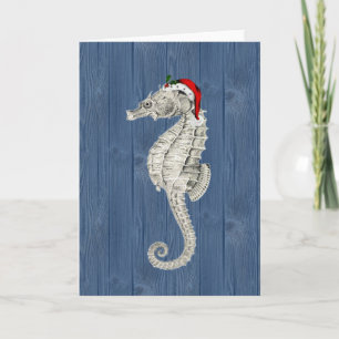 Santa Seahorse Blue Wood-julkort Helgkort
