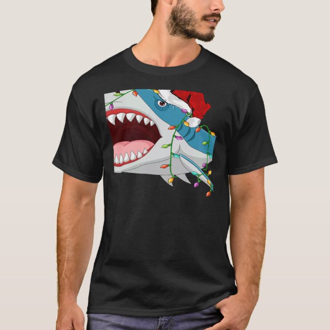 Santa Shark Christmas Lights  Shark Xmas T Shirt (Framsida)