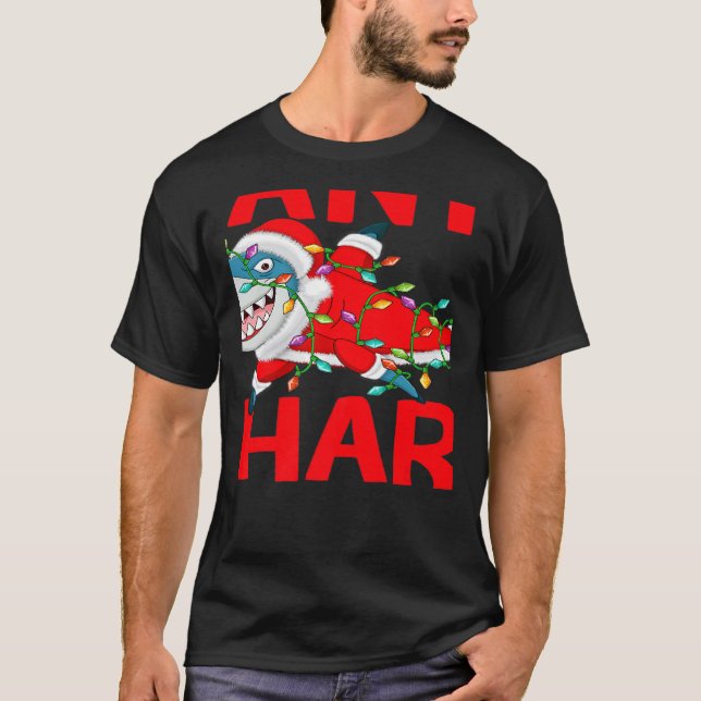 Santa Shark Christmas Lights Sharkmas   T Shirt (Framsida)