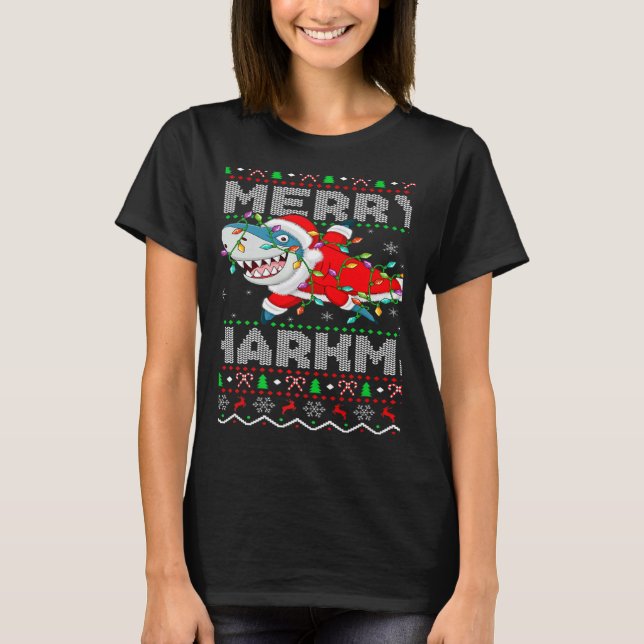Santa Shark Christmas Lights Ugly Merry Sharkmas T Shirt (Framsida)
