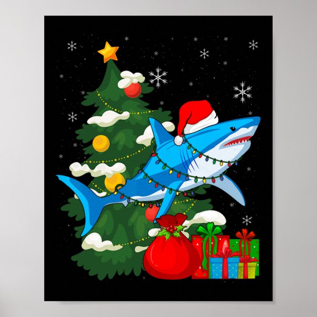 Santa Shark jul Ljus Sharkmas Träd Julafton Bo Poster (Framsidan)