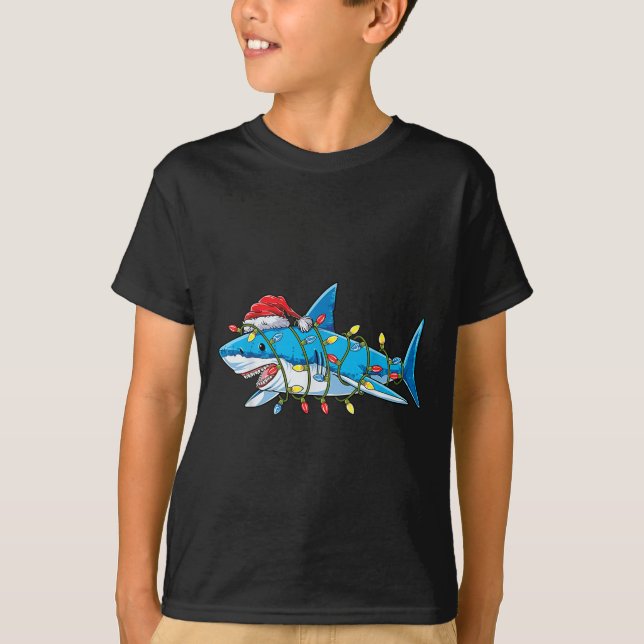 Santa Shark jul Ljus Sharkmas Träd Julafton Bo T Shirt (Framsida)