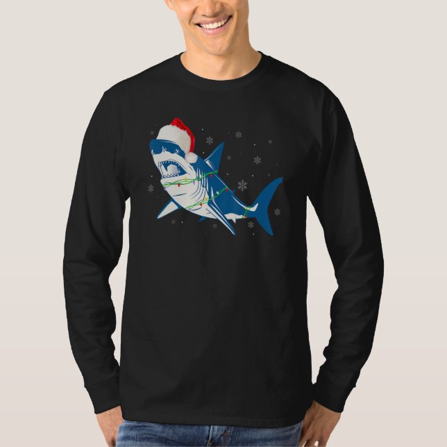 Santa Shark jul Ljus Sharkmas Träd Julafton Bo T Shirt (Framsida)