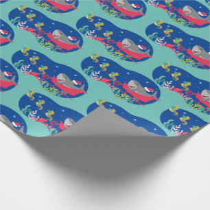 Santa Shark Riding Sled Wrapping Papper Presentpapper