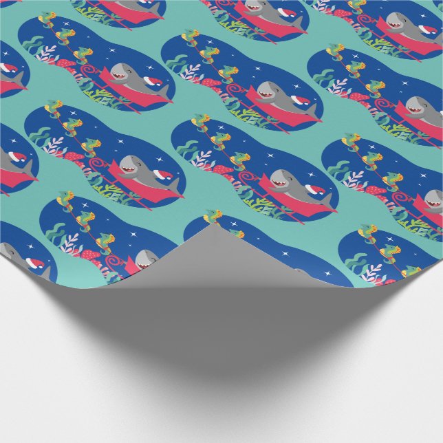 Santa Shark Riding Sled Wrapping Papper Presentpapper (Hörn)